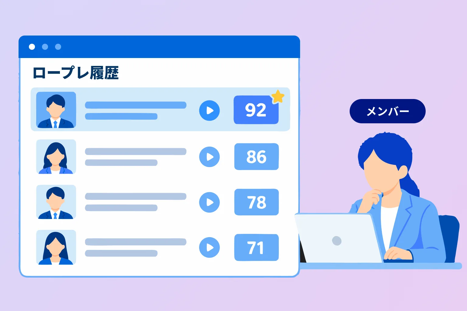 ロープレ履歴とスコアの一覧画面のイメージ